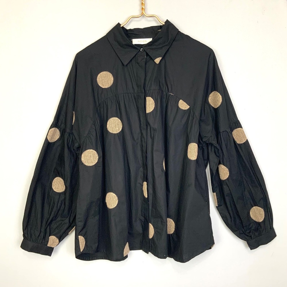 NOEN Sz 40/US 8 Black Button Down Tan Embroidered Dots Drop Shoulder Swing Top